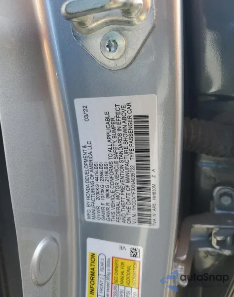 2022 Honda Accord Sport from USA, damaged, VIN 1HGCV1F3XNA039722